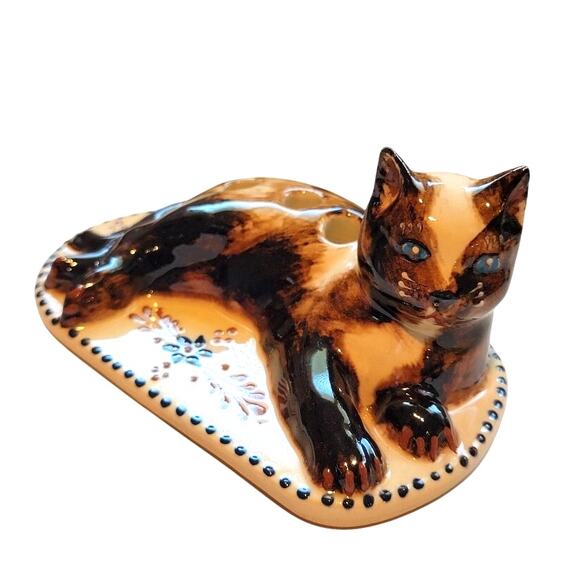 VTG Cat Figurine Home Decor Ceramic Floral Home Decor Pencil Holder Toothpicks - Picture 1 of 10